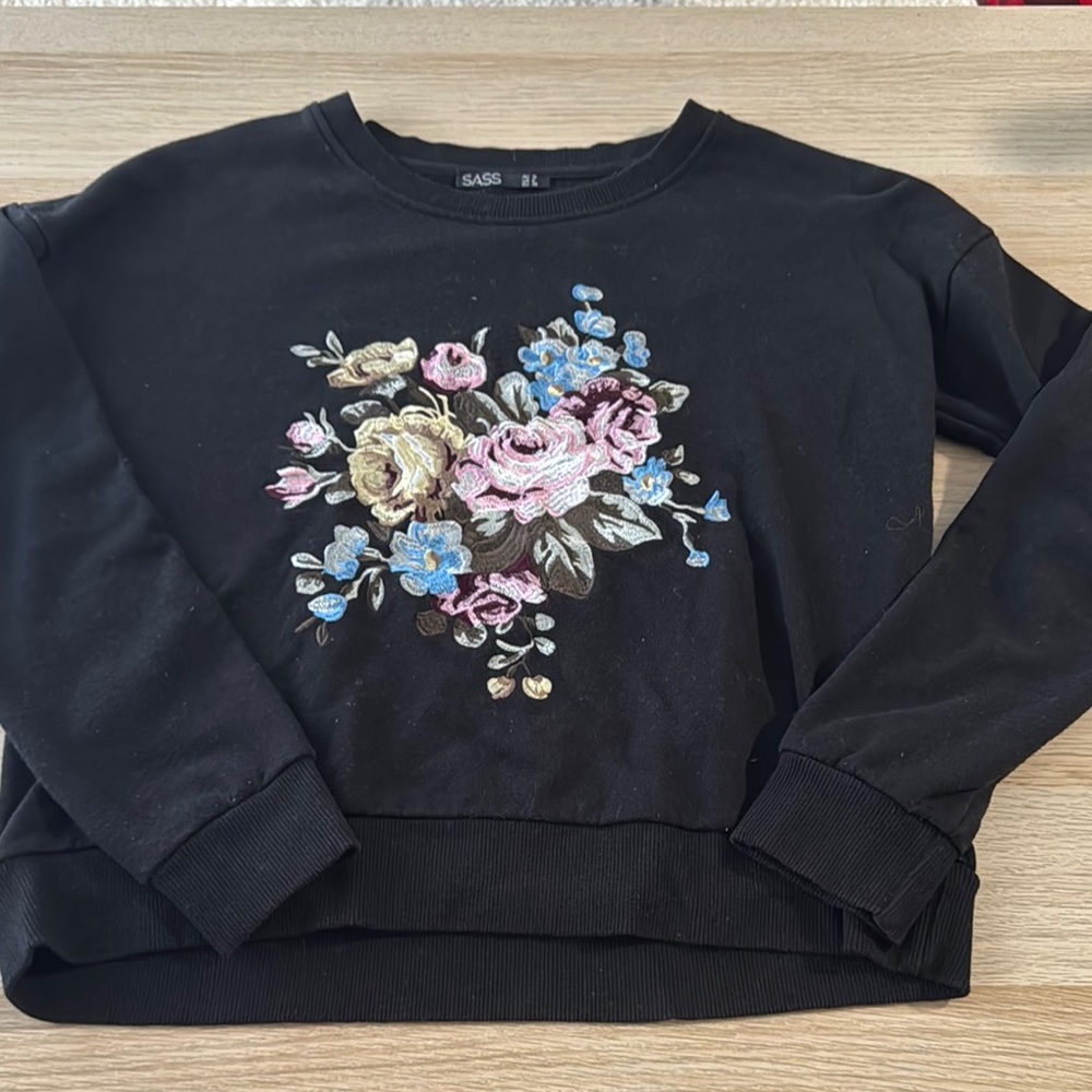 Black Boxy Embellished Sweatshirt with Pink Floral Design